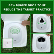Urine diverting seat for cuddy composting toilet showing extra large drop zone for solids and urine level indicator light.