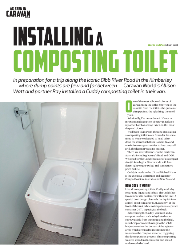 Cuddy™ Composting Toilet with text about installing a Cuddy™ Composting Toilet in a caravan.