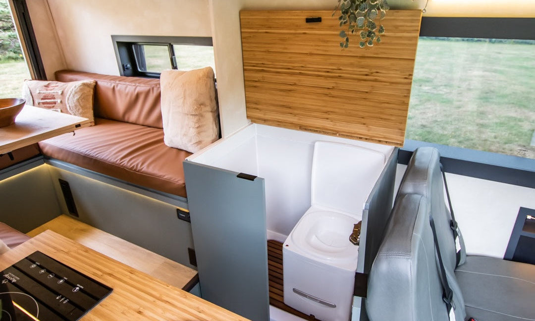 composting toilet in a campervan bathroom