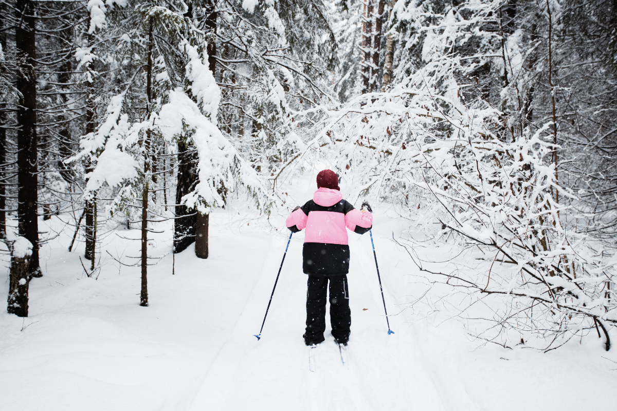 young girl going cross country skilling in the woods. She is wearing a pink and black jacket. 