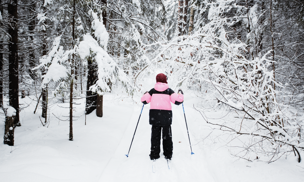 young girl going cross country skilling in the woods. She is wearing a pink and black jacket. 