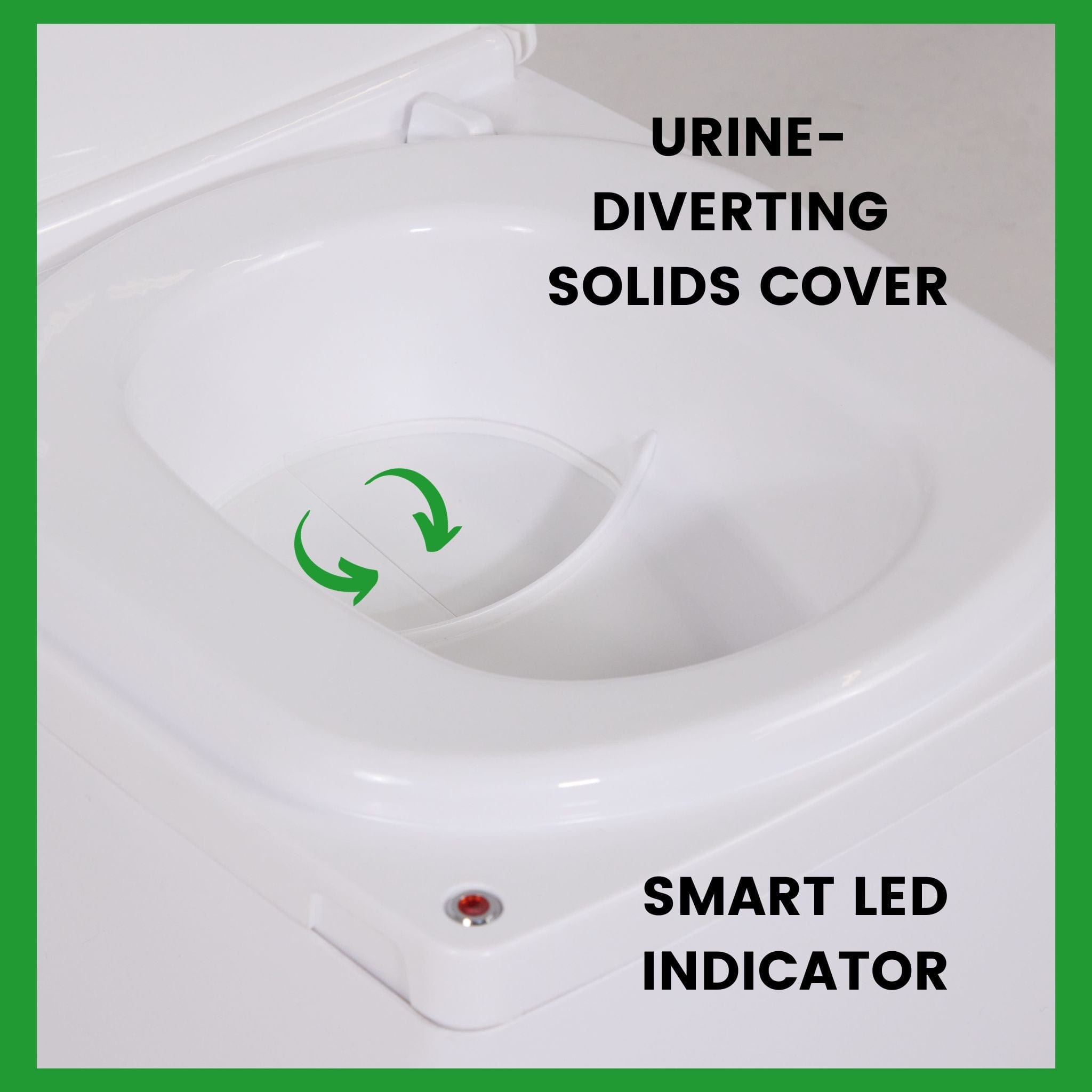 close up shot of the urine diverter and toilet seat of Cuddy composting toilet showing the Smart LED Indicator and urine separating solids cover