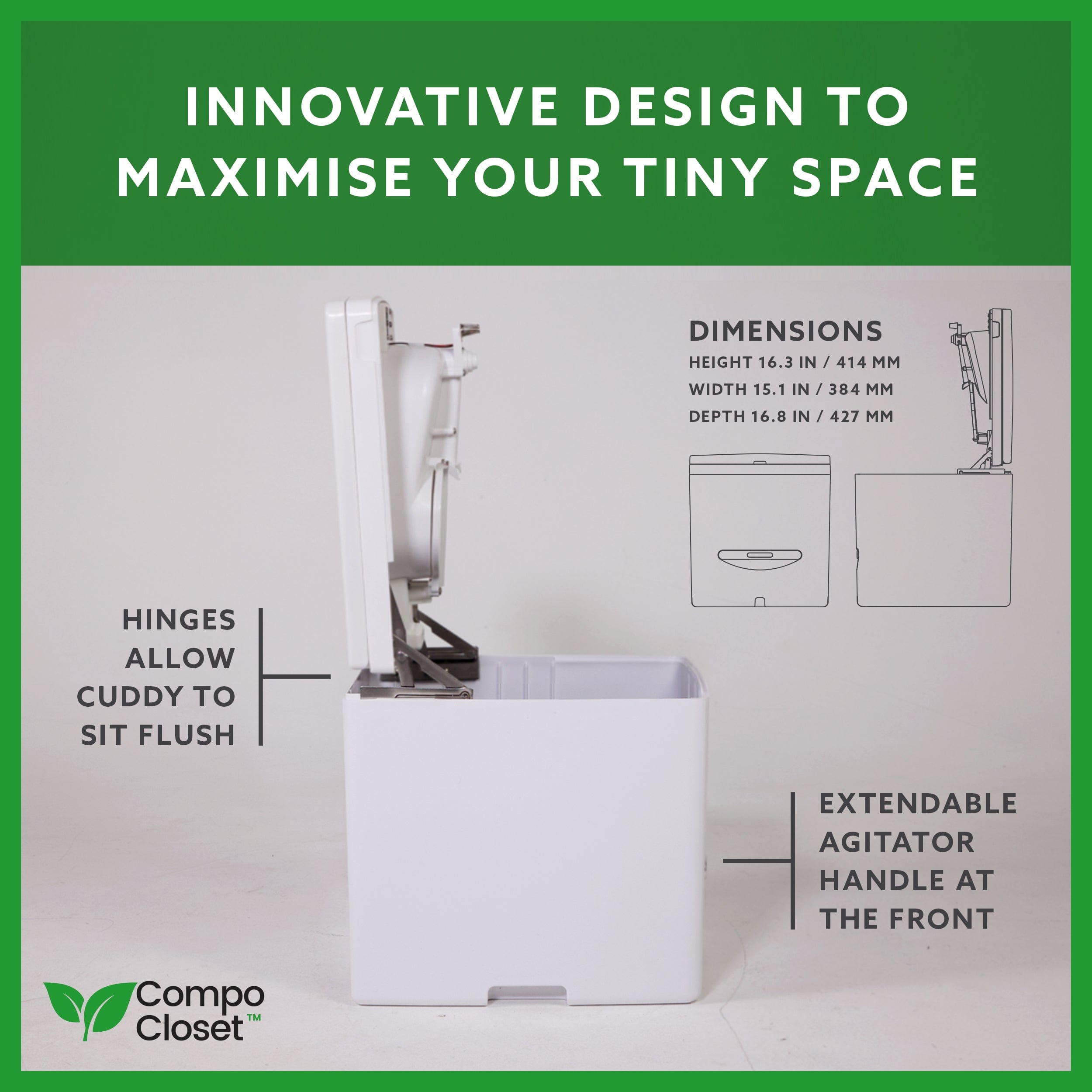 Side image of Cuddy Composting toilet with dimensions. Innovative design to maximise space - needs no gap at the back.