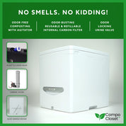 Cuddy advanced self contained composting toilet with urine bottle one way valve, activated carbon filter and no smell.